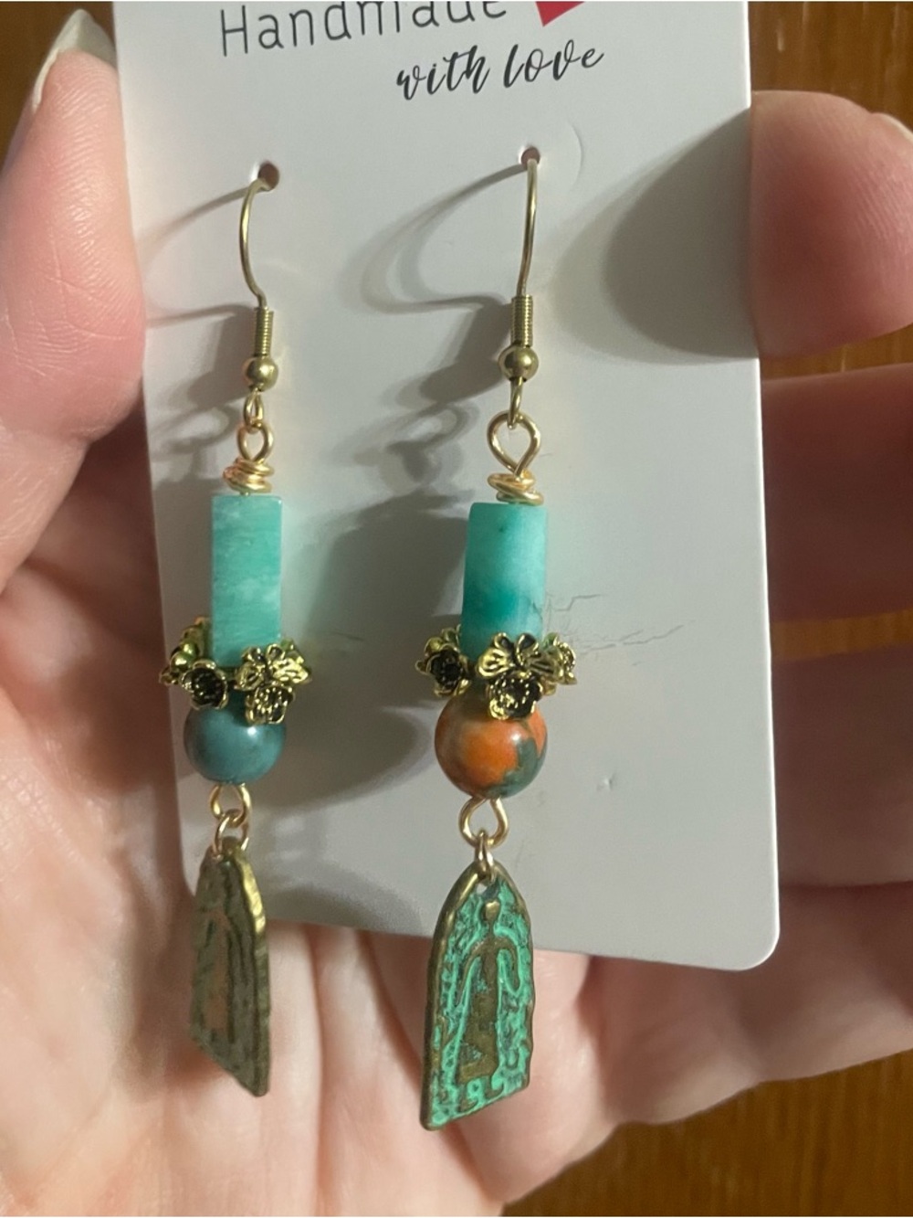 Handmade Turquoise & Orange Dangle Earrings with Gold Accents - Picture 5 of 9